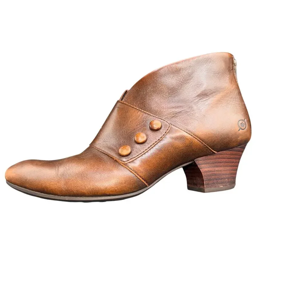 Born Jessen Brown Leather Ankle Booties Back Zip Heel Women’s Size 9